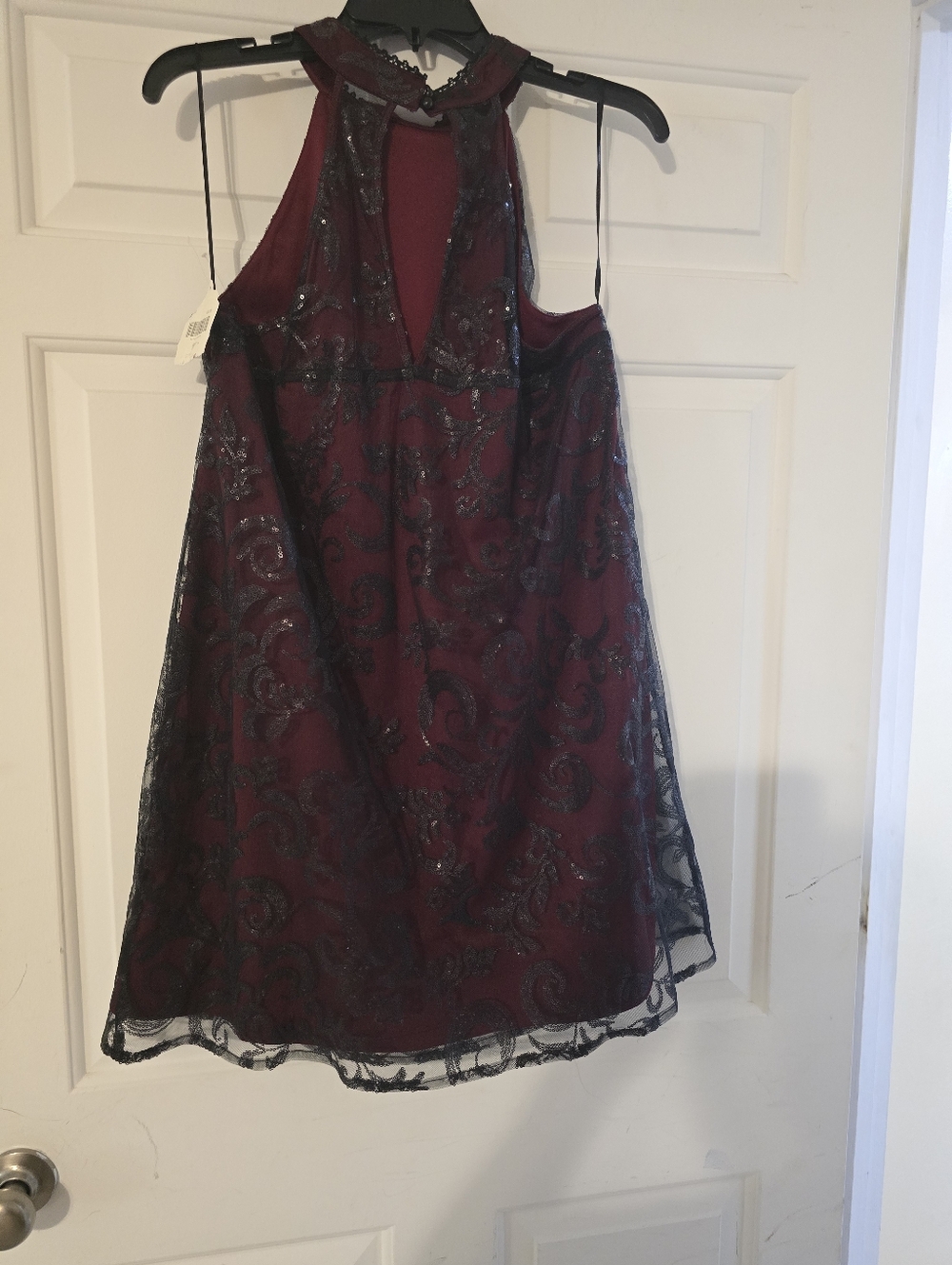 Altar'd State Embellished Halter Party Dress in Deep Burgundy and Black Lace - Picture 6 of 9